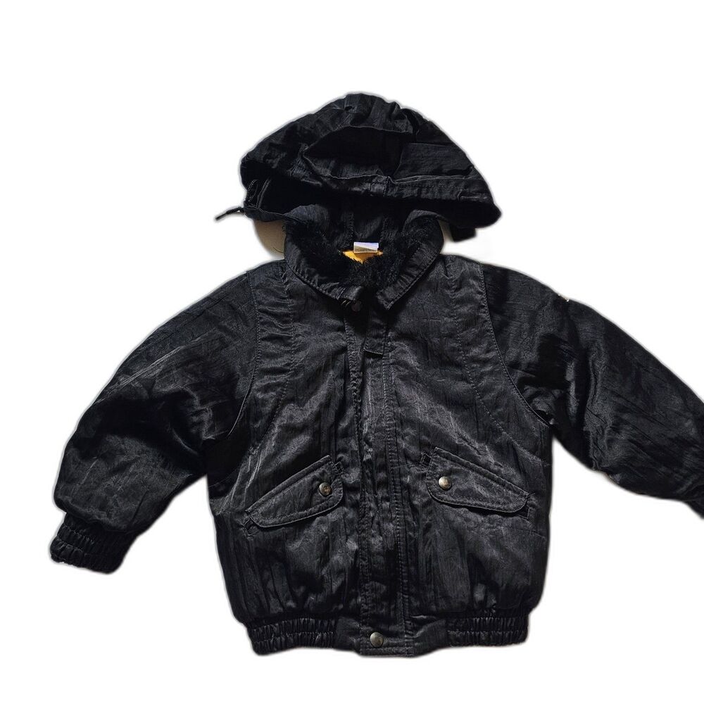 Vintage Jean Bourget Kids Black Bomber Jacket 3A Made In France Faux Fur Hood